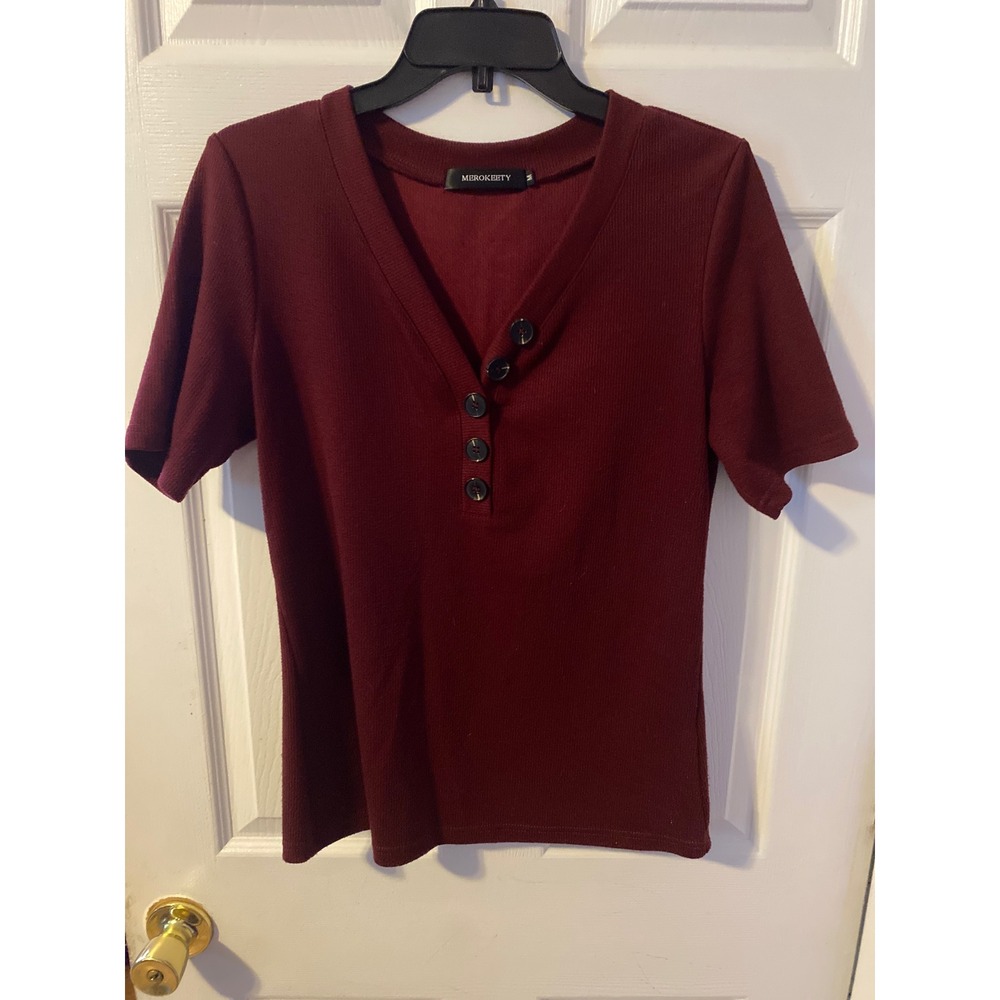 Merokeety Womens Ribbed Henley V-Neck Short Sleeve Top Burgundy Red Size M